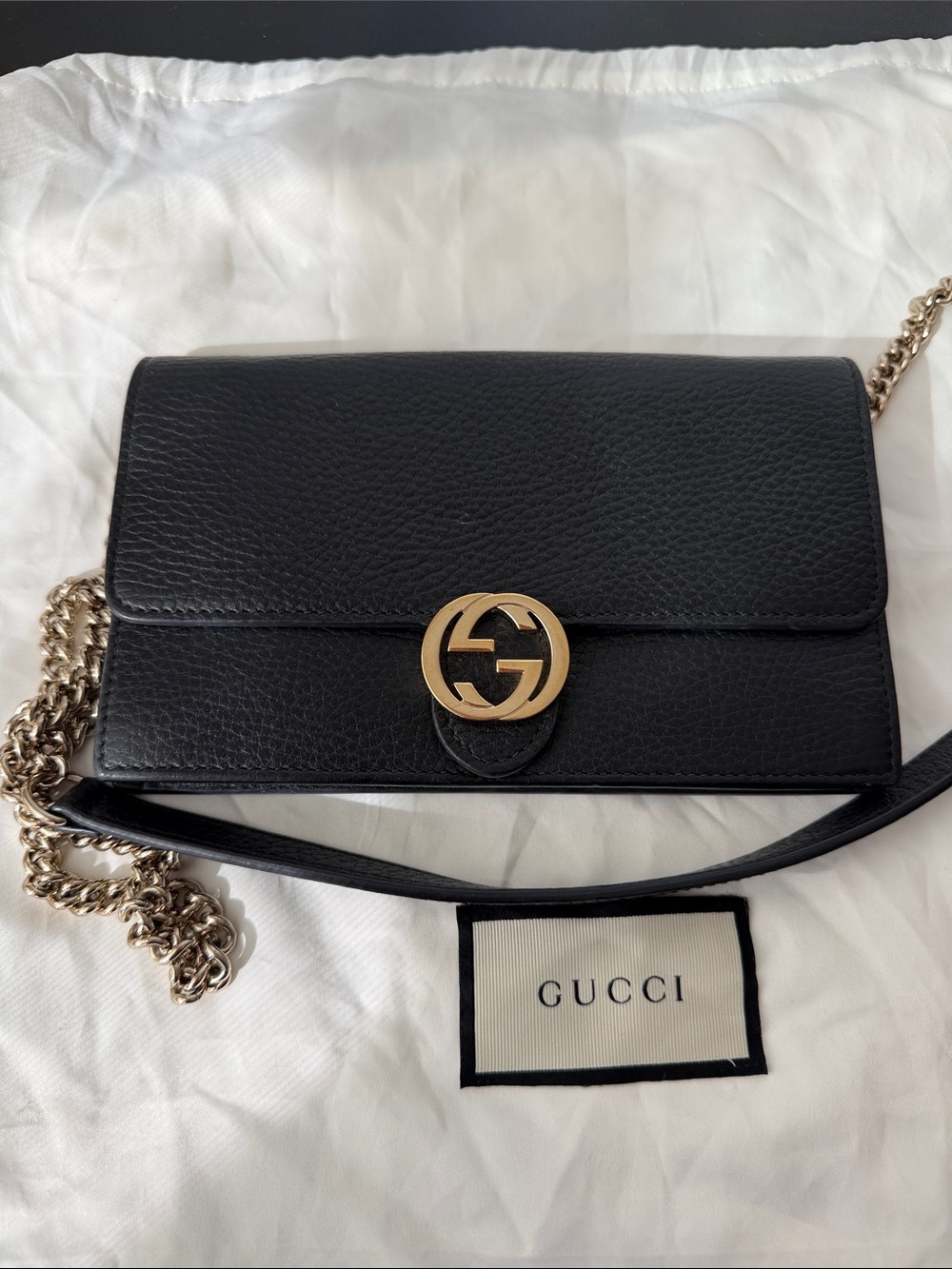 Gucci Black Leather Crossbody Wallet with Gold Double G Chain